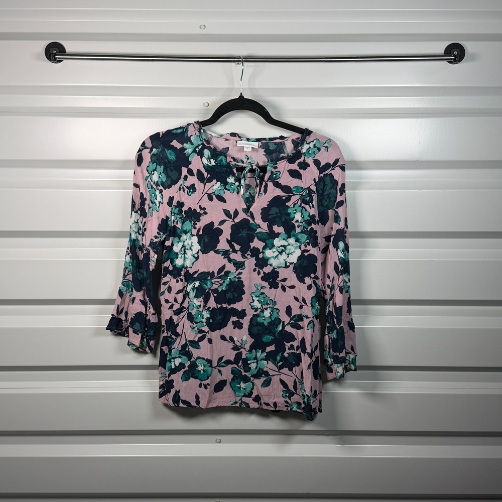 J. Jill Pink Floral Rayon Ruffle Bell Sleeve Split Neck Tie Blouse Petite Small
